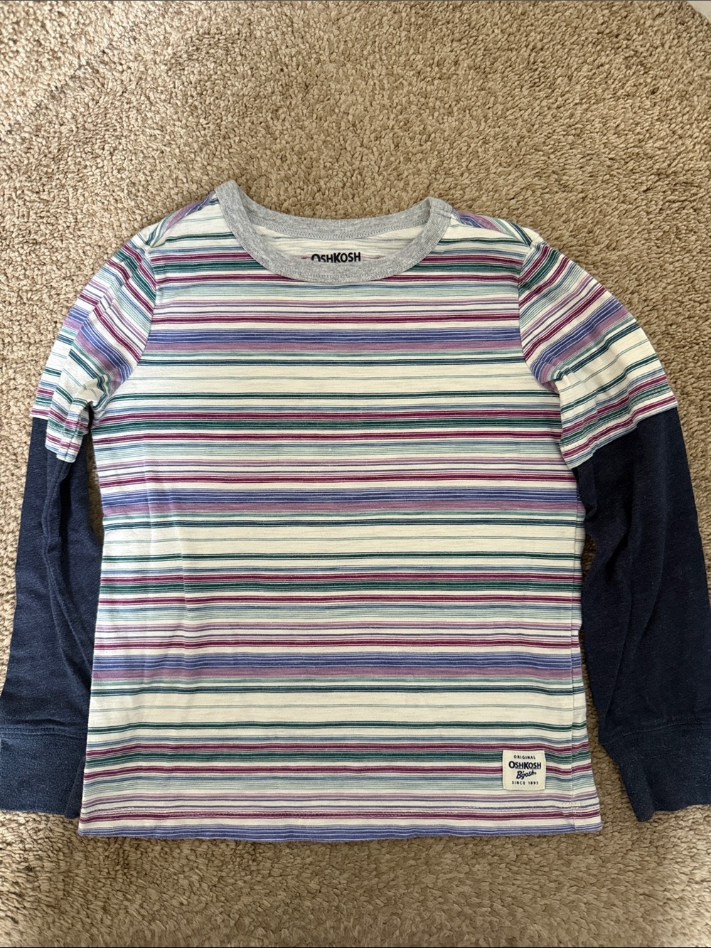 OshKosh B'gosh Multicolor Striped Long Sleeve Tee with Navy Sleeves size 6